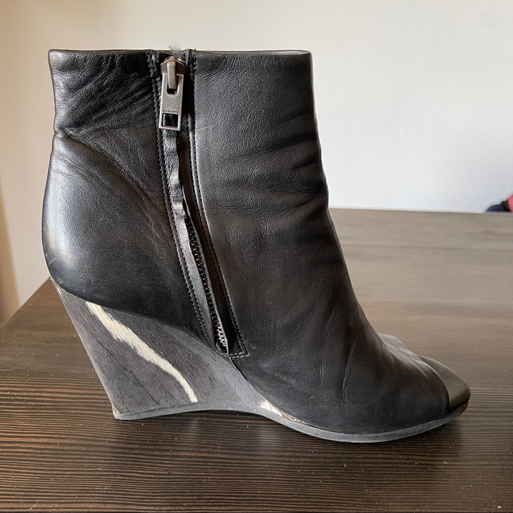 Allsaints Black Leather Peep Toe Wood Wedge Heel Boot/Booties All Saints - Picture 2 of 10